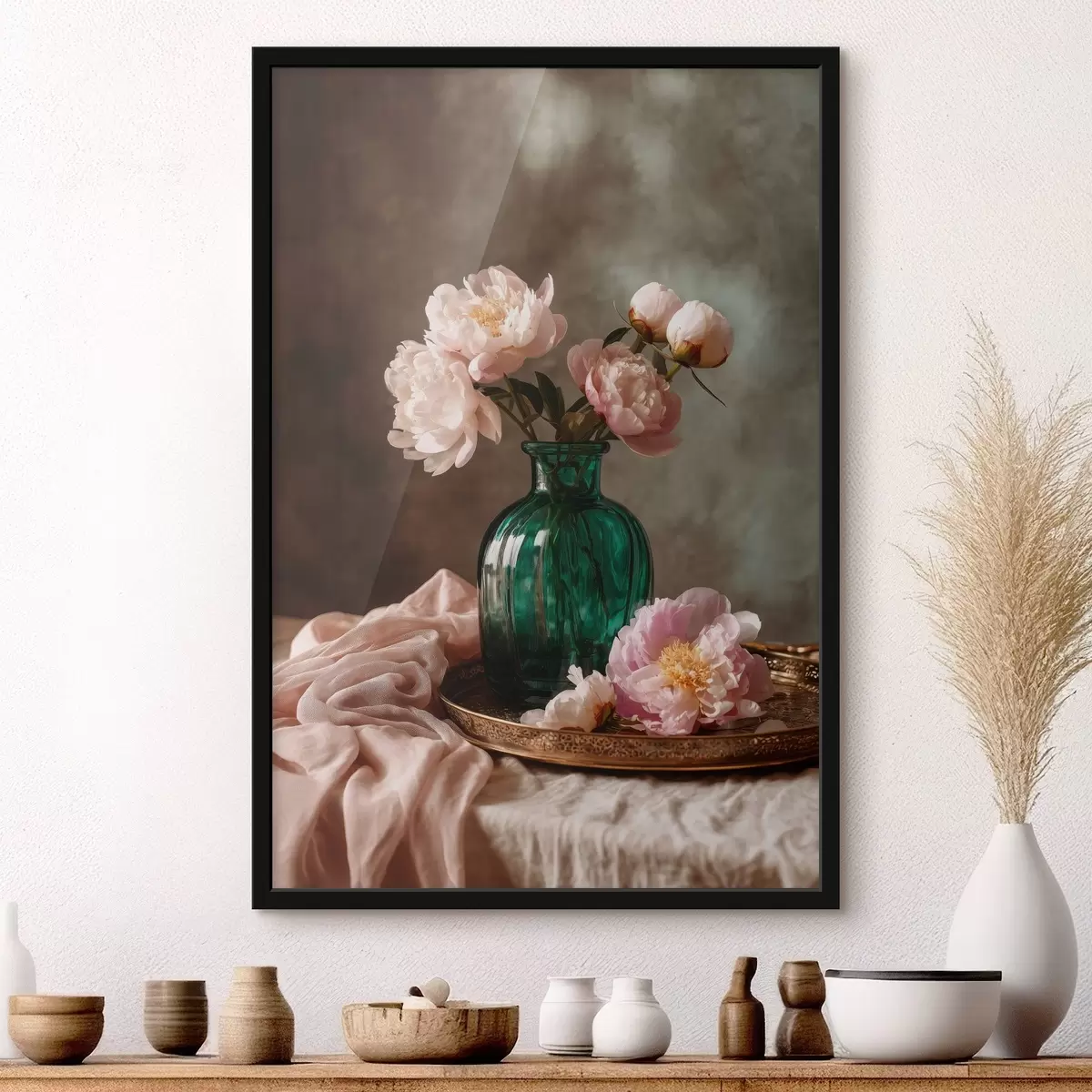 Poster Delicate peonie rosa in un vaso color smeraldo f45261