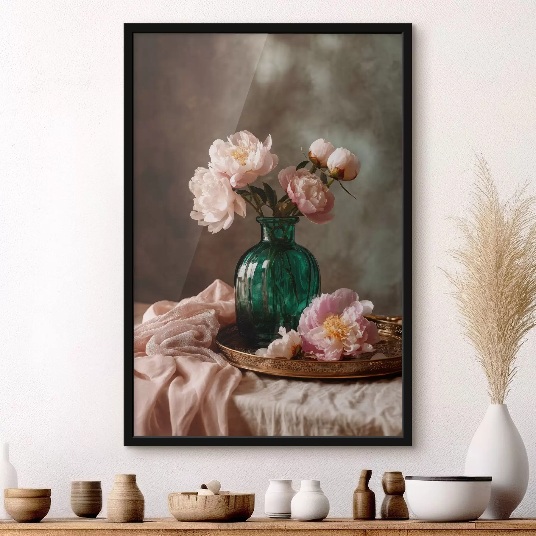 carta da parati Delicate peonie rosa in un vaso color smeraldo nr. f45261