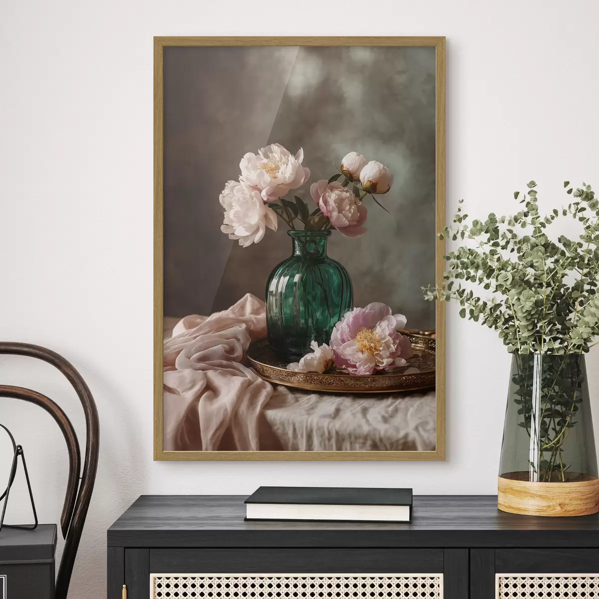 Poster Delicate peonie rosa in un vaso color smeraldo f45261