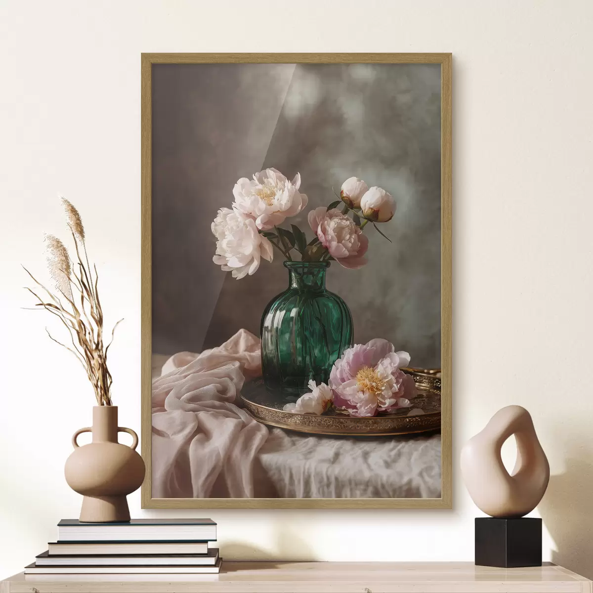 Poster Delicate peonie rosa in un vaso color smeraldo f45261