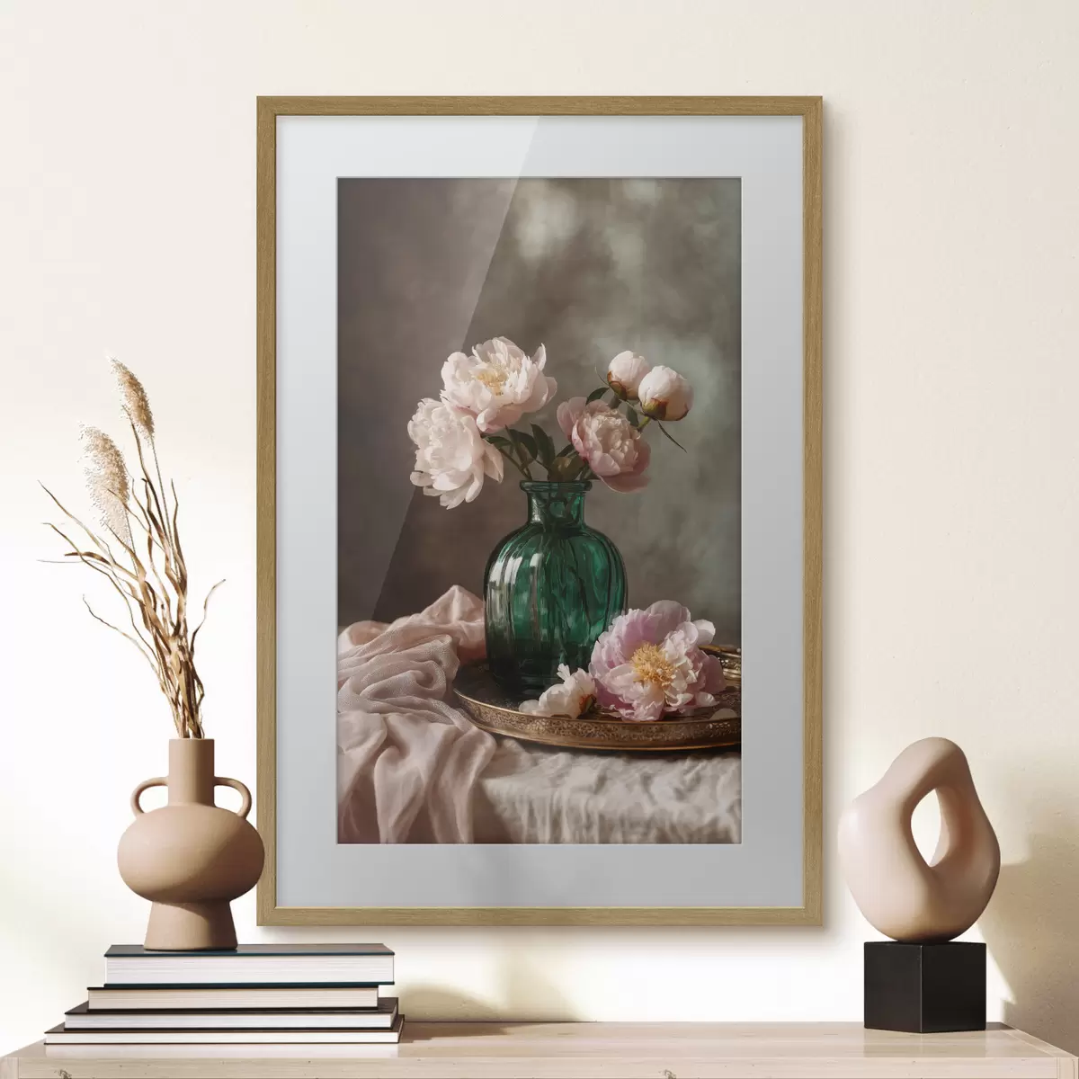 Poster Delicate peonie rosa in un vaso color smeraldo f45261