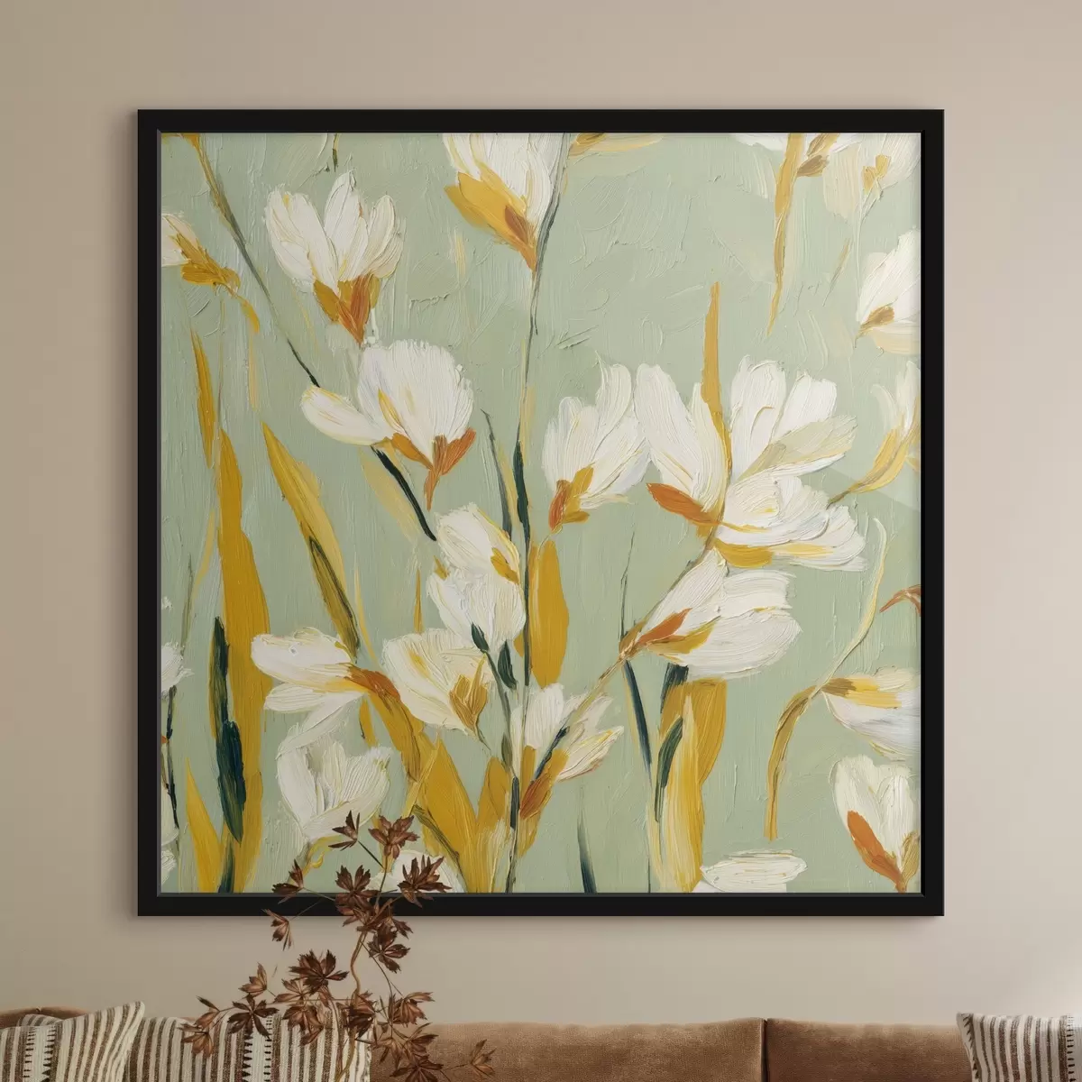 Poster Fiori bianchi con accenti gialli su sfondo menta in stile pennellata f45264