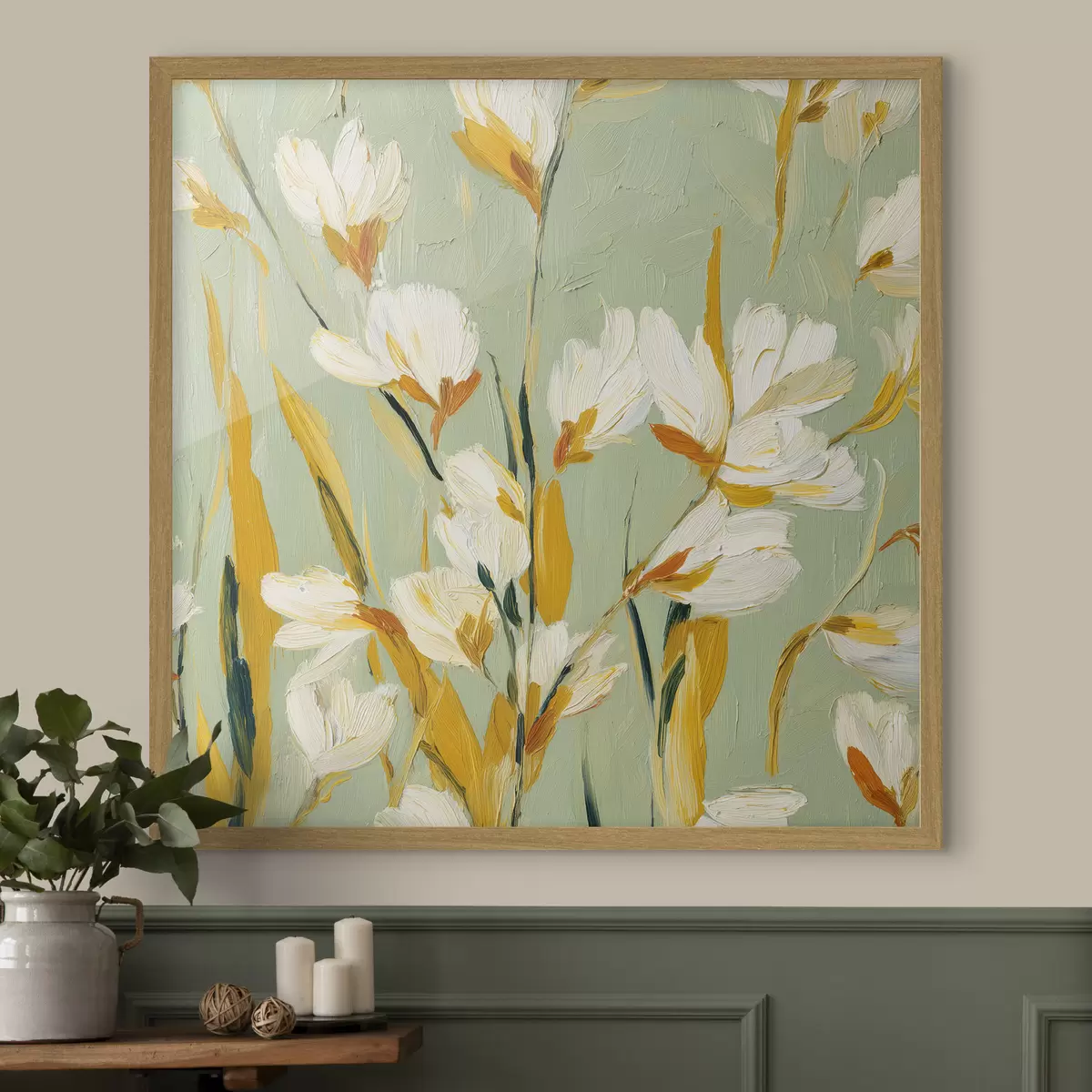 Poster Fiori bianchi con accenti gialli su sfondo menta in stile pennellata f45264