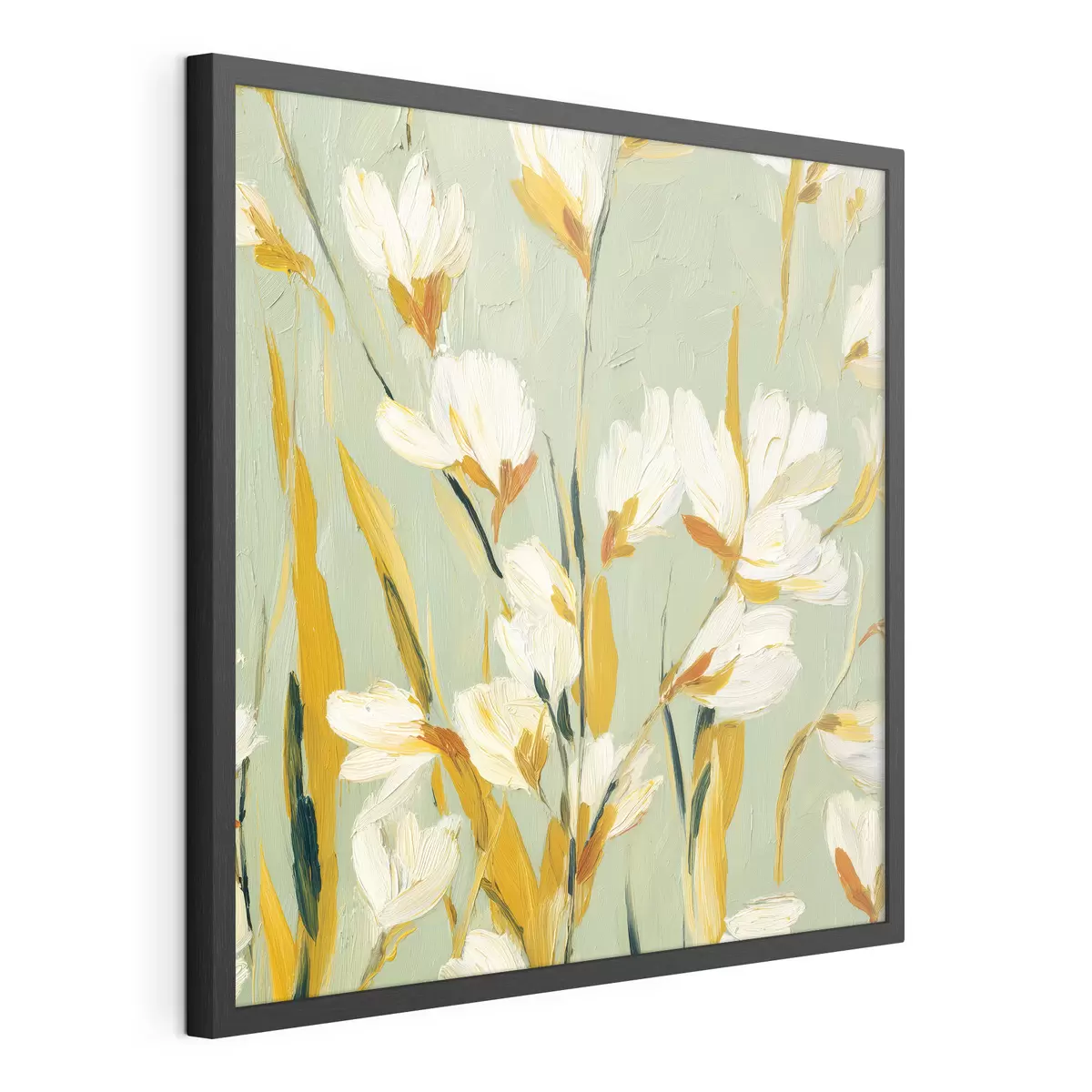 Poster Fiori bianchi con accenti gialli su sfondo menta in stile pennellata f45264