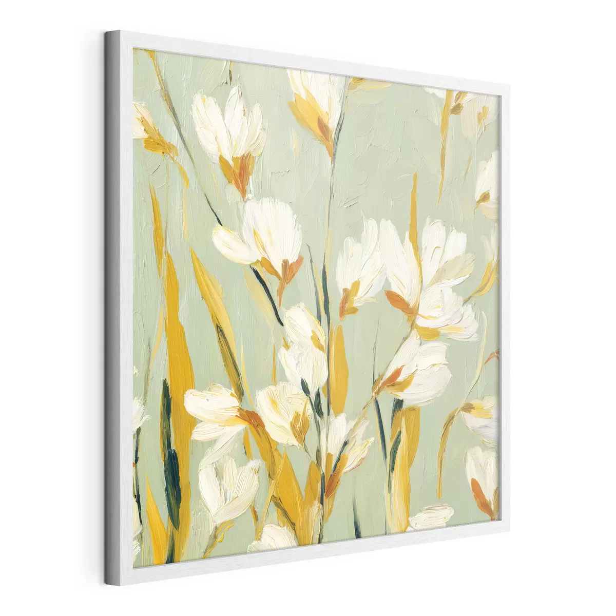 Poster Fiori bianchi con accenti gialli su sfondo menta in stile pennellata f45264