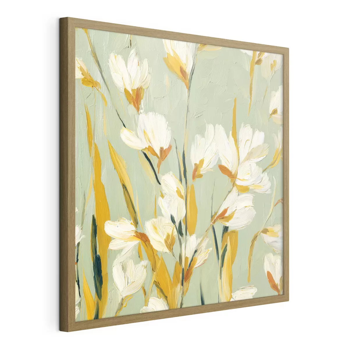 Poster Fiori bianchi con accenti gialli su sfondo menta in stile pennellata f45264