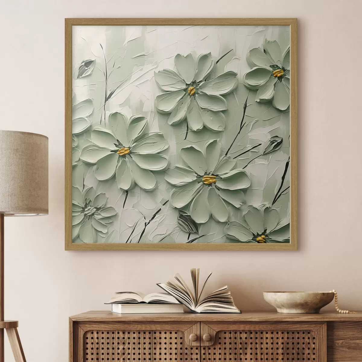 Poster Fiori verdi con centro giallo dipinti con pennellate spesse su sfondo chiaro f45265