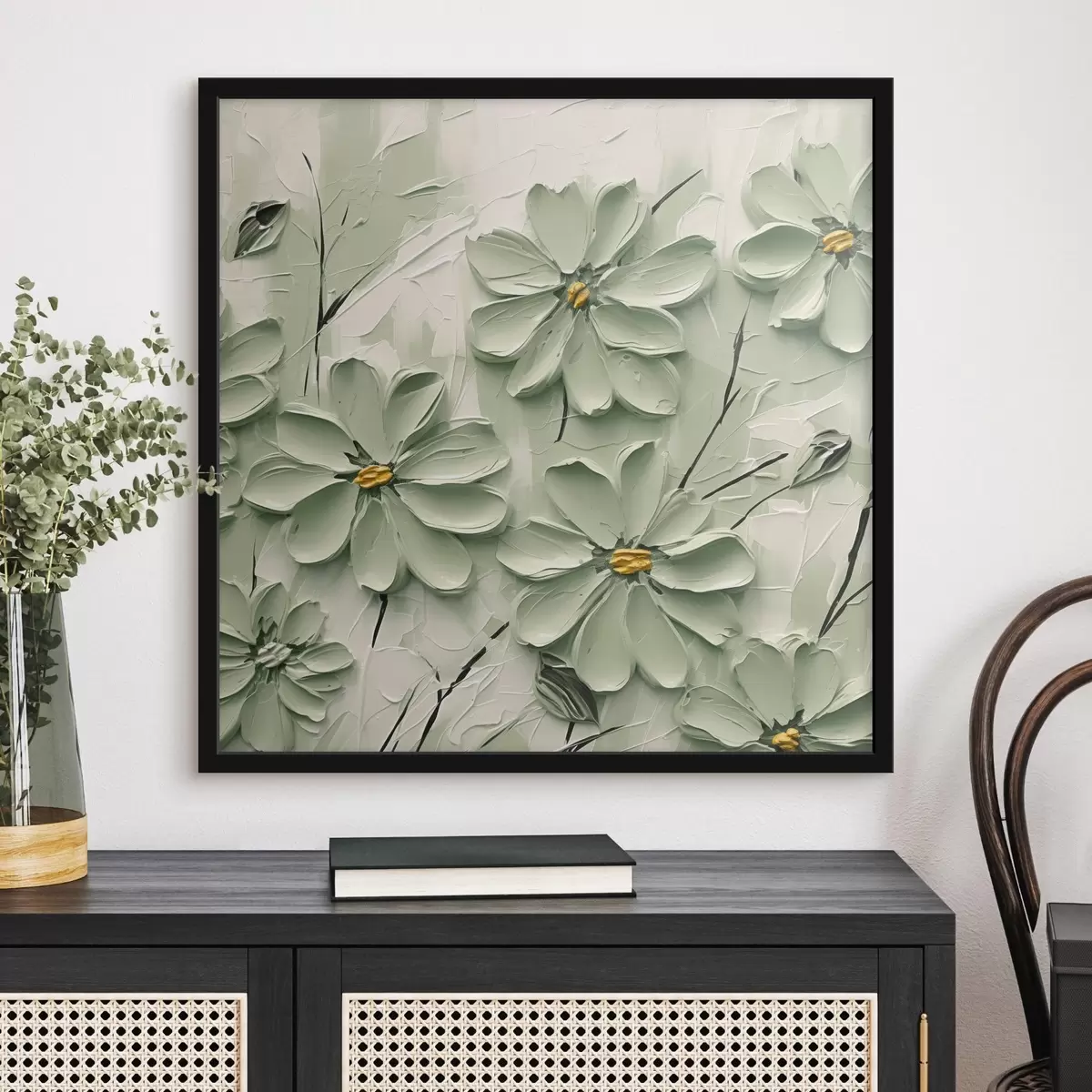 Poster Fiori verdi con centro giallo dipinti con pennellate spesse su sfondo chiaro f45265