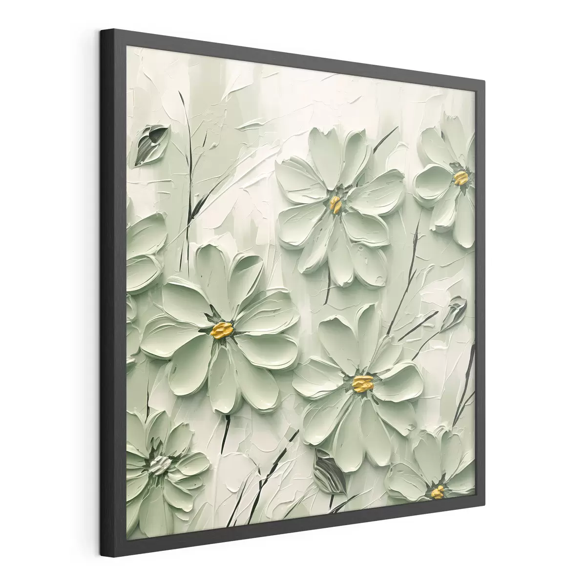 Poster Fiori verdi con centro giallo dipinti con pennellate spesse su sfondo chiaro f45265