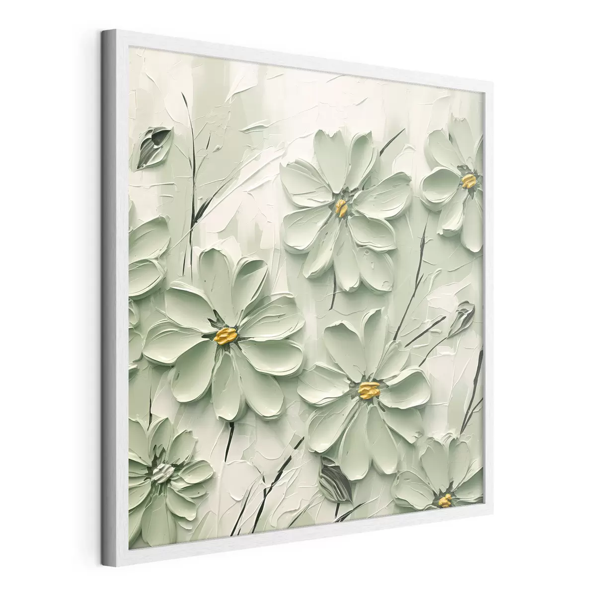 Poster Fiori verdi con centro giallo dipinti con pennellate spesse su sfondo chiaro f45265