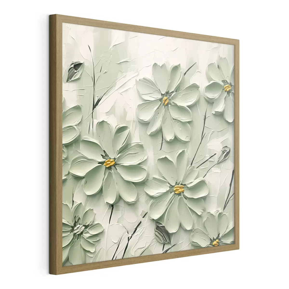 Poster Fiori verdi con centro giallo dipinti con pennellate spesse su sfondo chiaro f45265