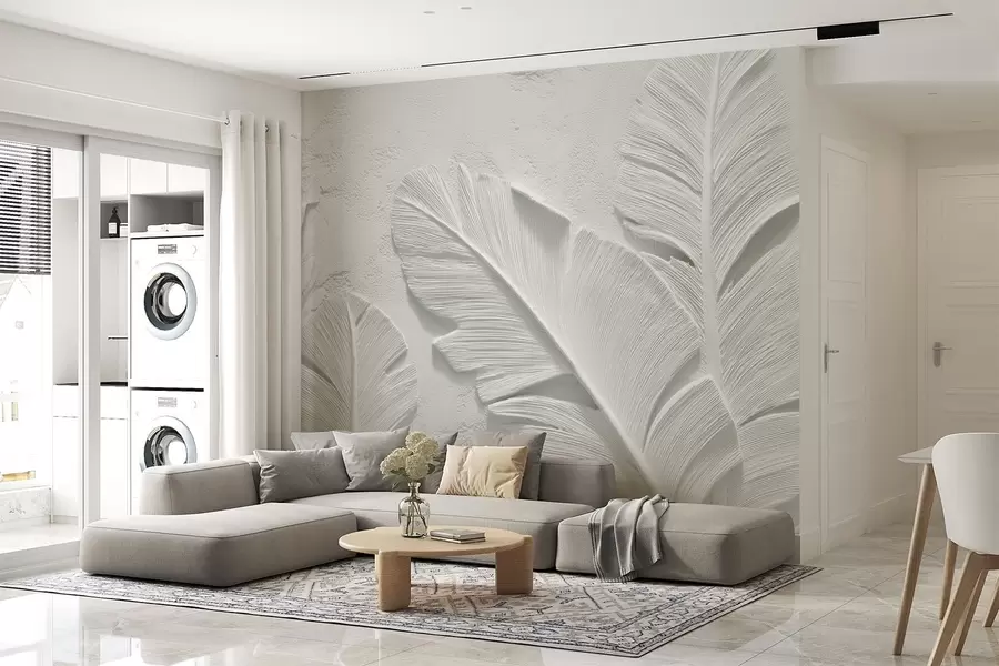 Carta da parati Foglie 3D Foglie grigie strutturate su uno sfondo con rilievi in finto gesso
