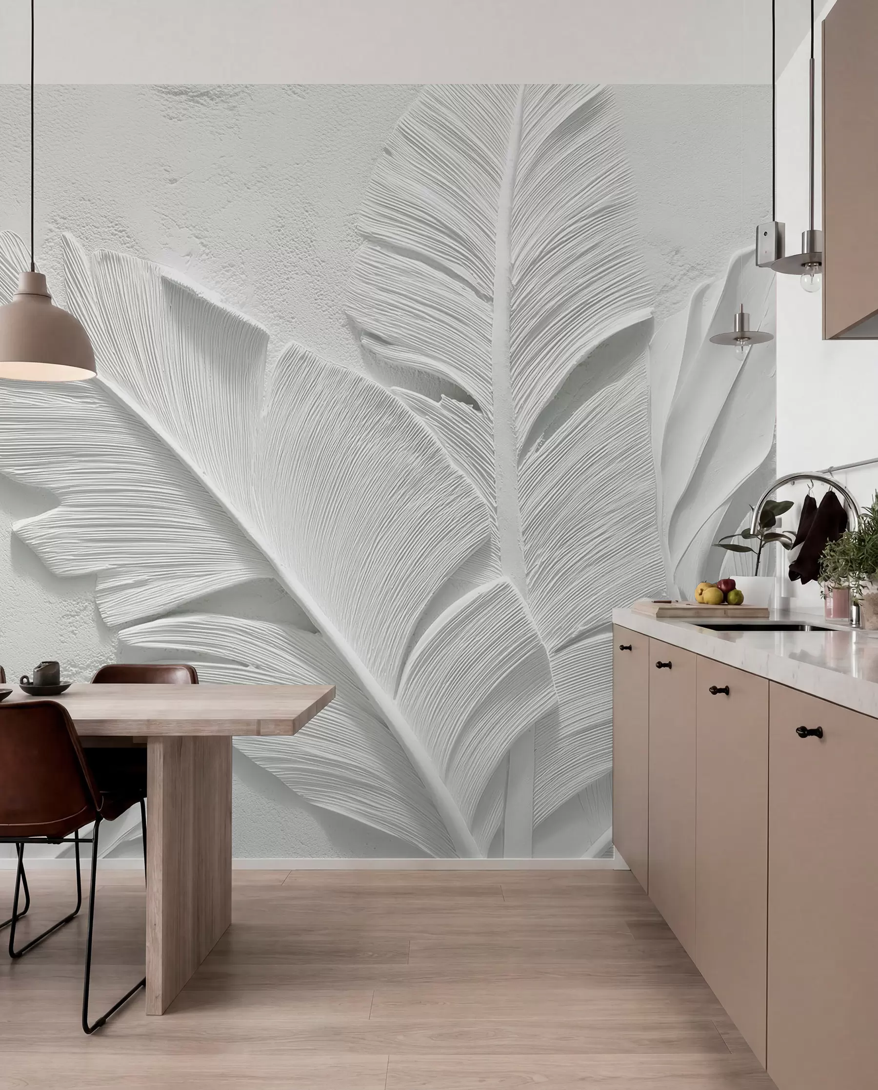 Carta da parati Foglie 3D Foglie grigie strutturate su uno sfondo con rilievi in finto gesso