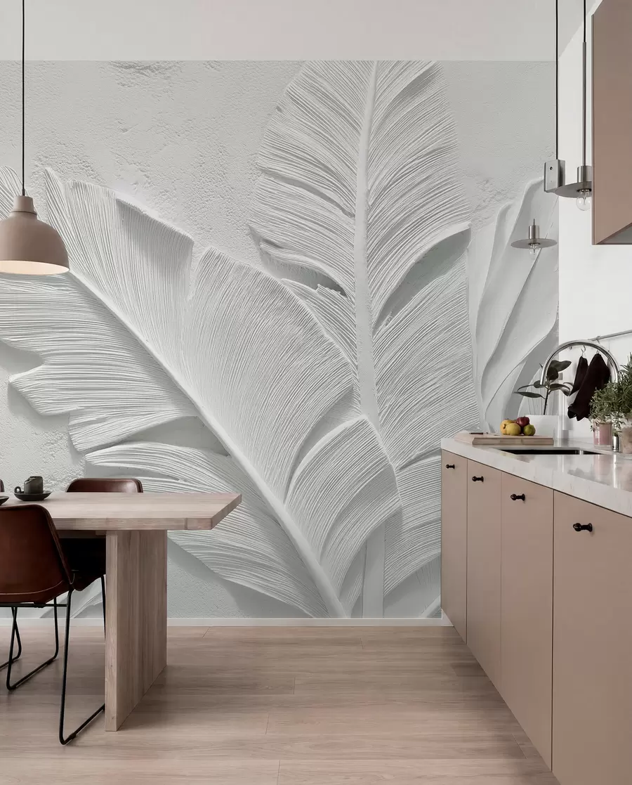 Carta da parati Foglie 3D Foglie grigie strutturate su uno sfondo con rilievi in finto gesso