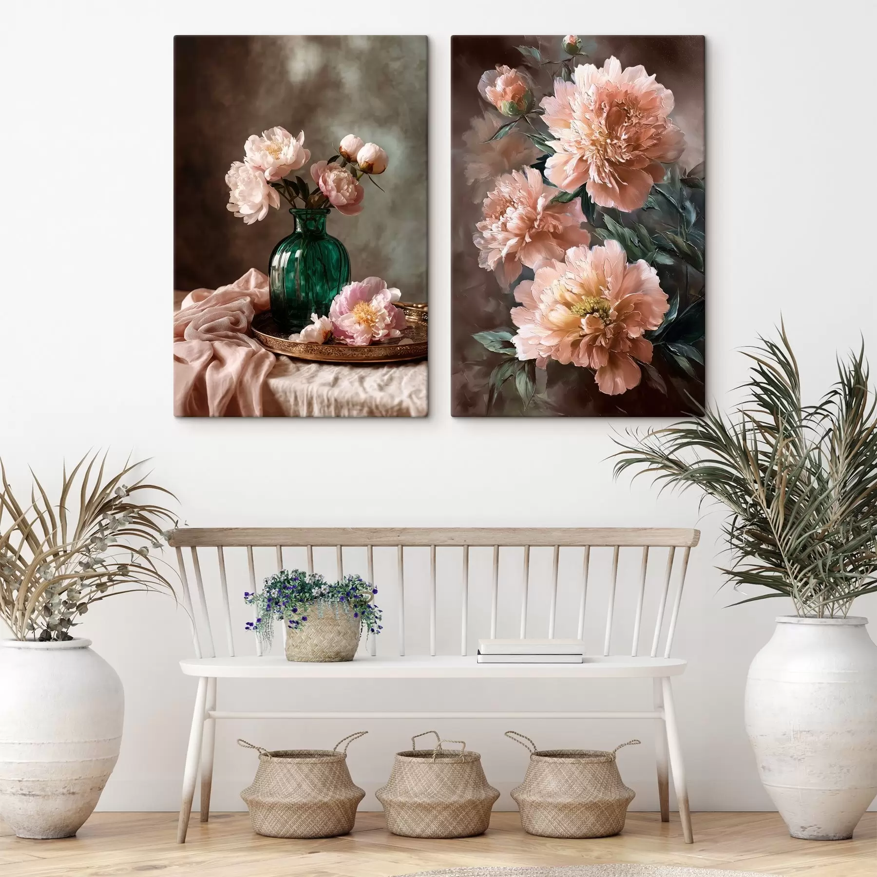 carta da parati Composizione abbinata con peonie rosa in vaso e su tela nr. m00578