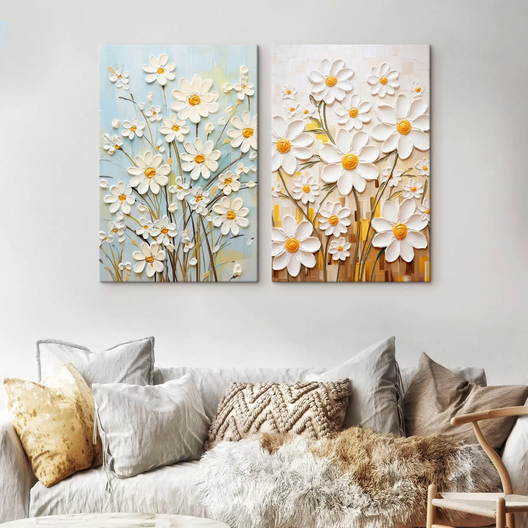 carta da parati Fiori di sole: duetto artistico con margherite volumetriche e accenti gialli nr. m00580