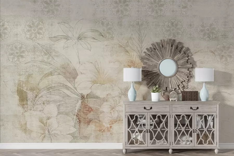 Carta da parati Floreale Fiori e foglie su sfondo texturizzato con ornamenti n. w04343