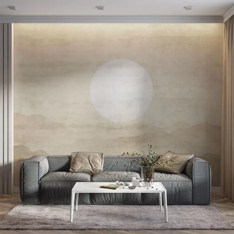 Carta da parati nature Paesaggio montano minimalista con grande sole bianco 