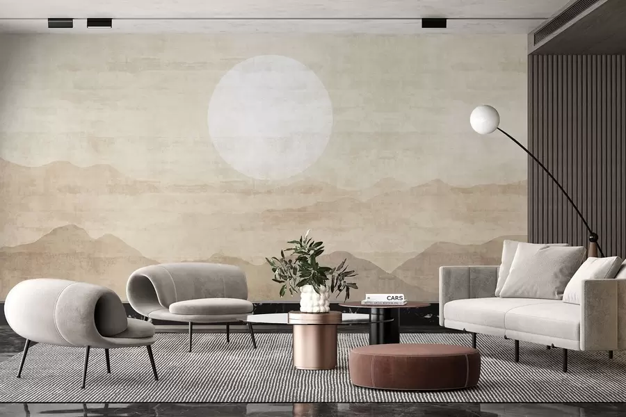 Carta da parati nature Paesaggio montano minimalista con grande sole bianco 