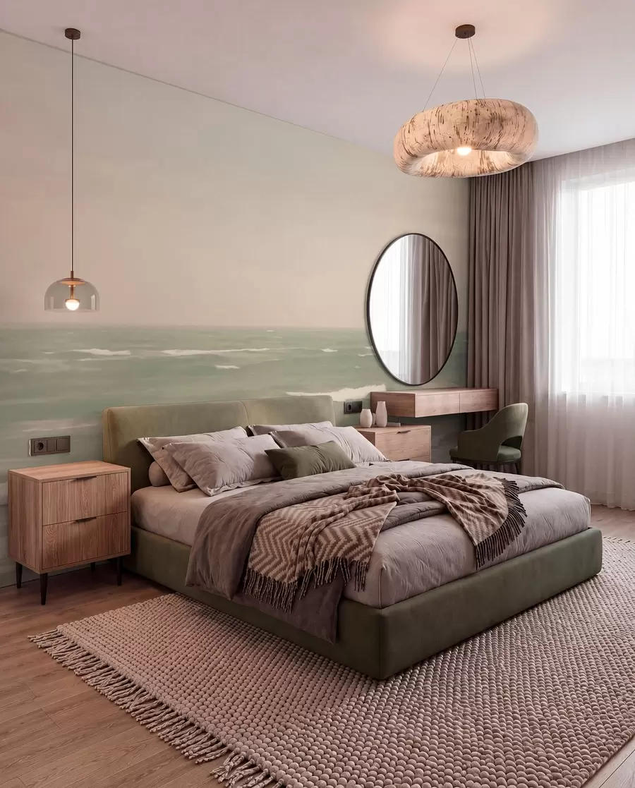Carta da parati Mare Paesaggio marino verde-rosa con dolci onde