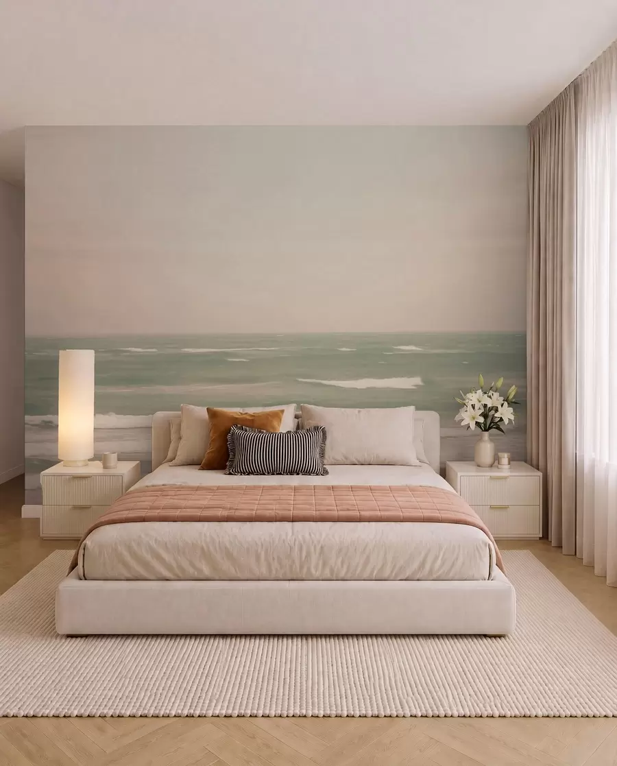 Carta da parati Mare Paesaggio marino verde-rosa con dolci onde
