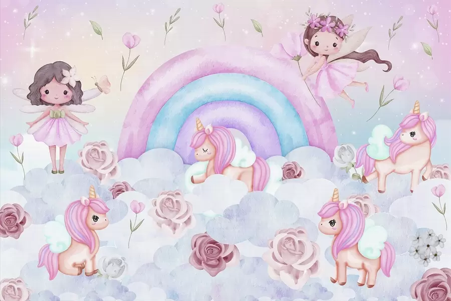 carta da parati Fate e unicorni tra nuvole e arcobaleni nr. w04371