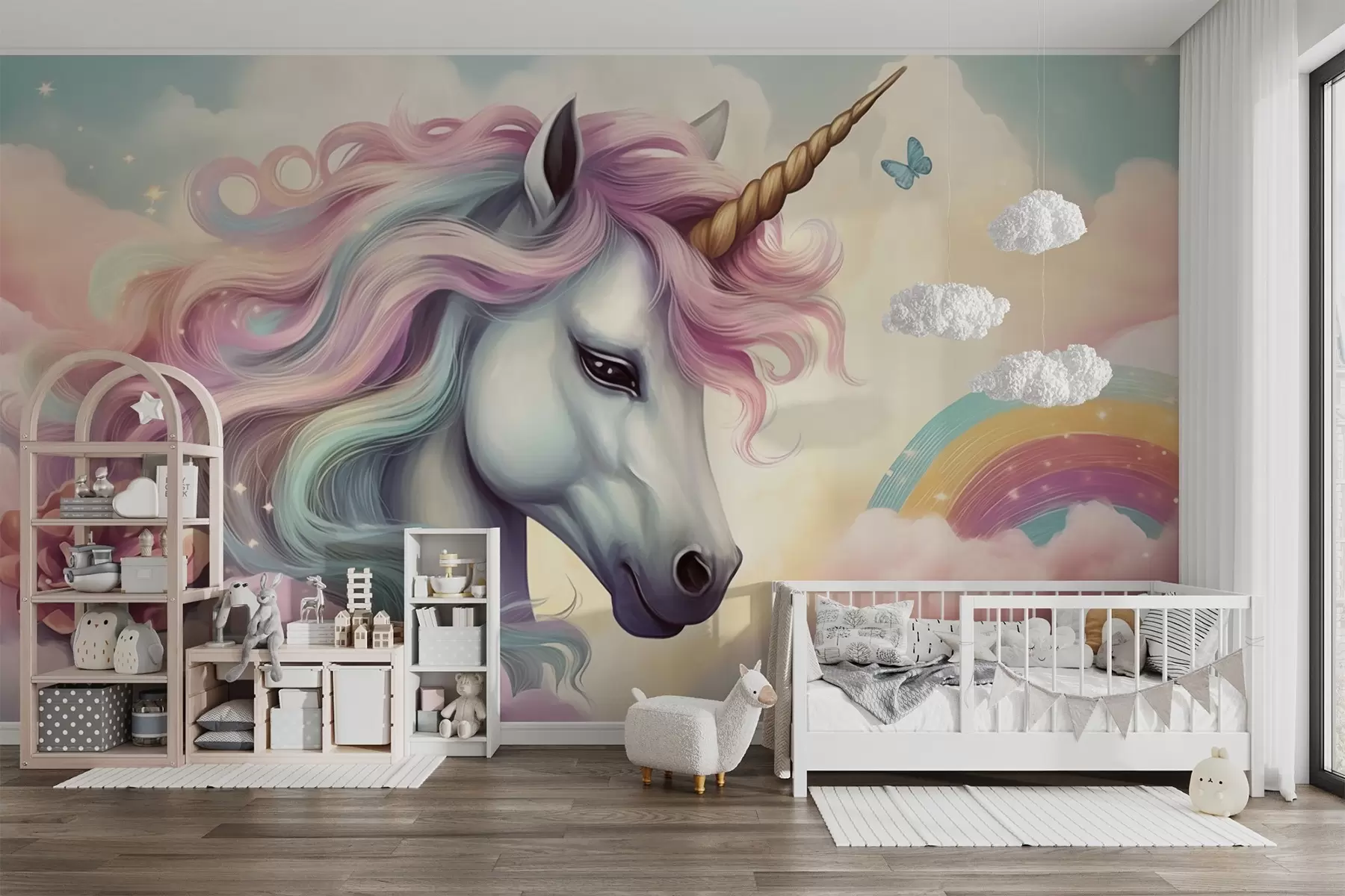 carta da parati Unicorno in un cielo nuvoloso con arcobaleno nr. w04372
