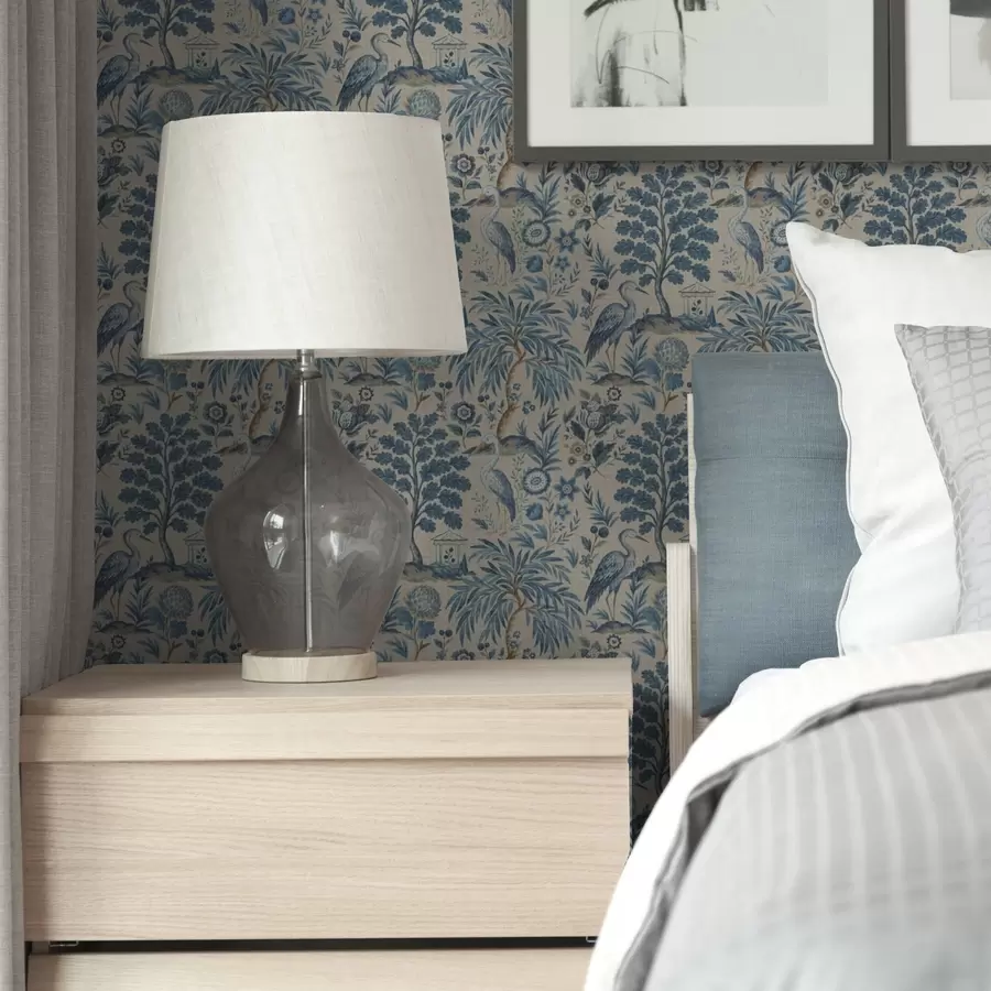 carta da parati Stile Toile de Jouy con uccelli blu e alberi tropicali nr. a00382