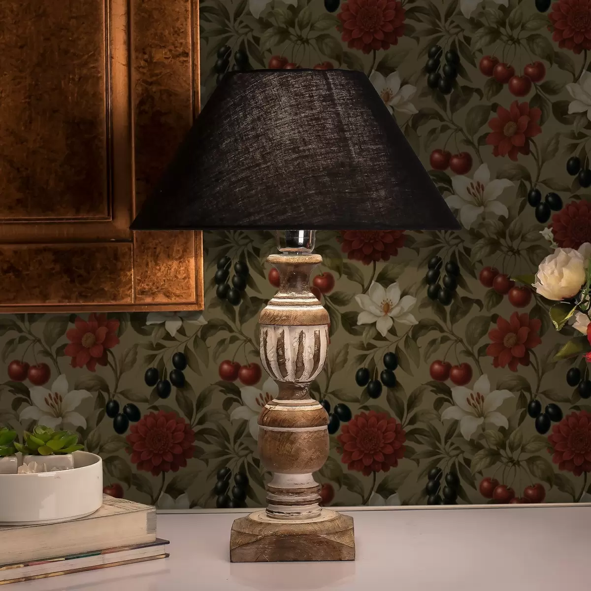 Carta da parati Ciliegie, fiori e olive nere a00384