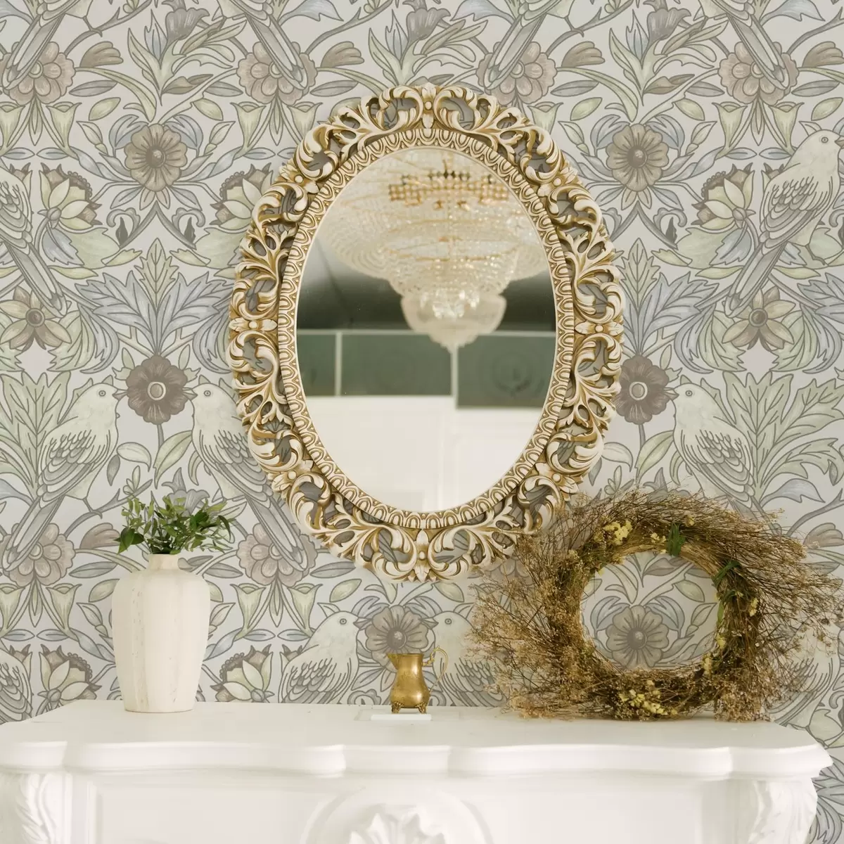 Carta da parati Uccelli Art Nouveau e fiori stilizzati in pastello a00385