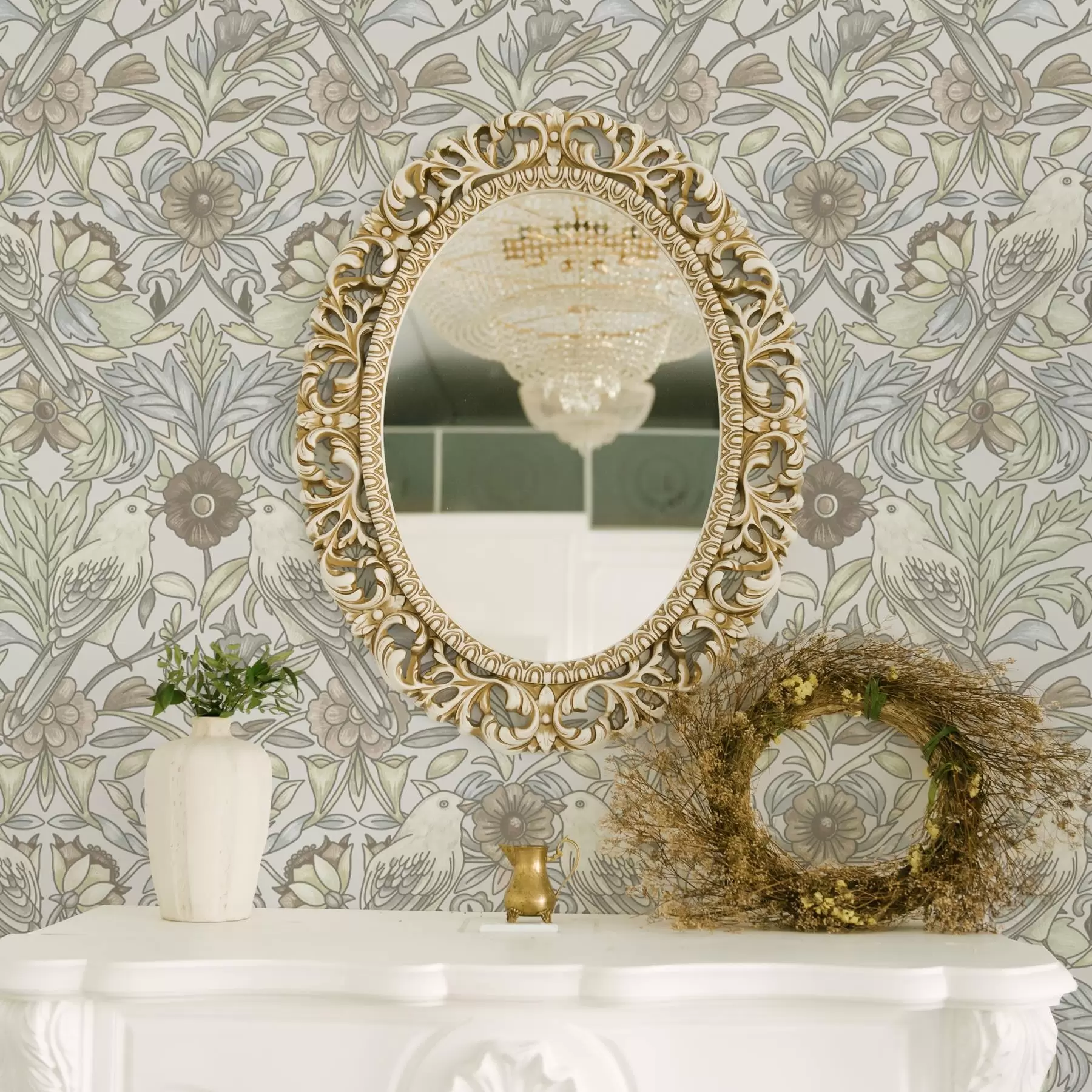 carta da parati Uccelli Art Nouveau e fiori stilizzati in pastello nr. a00385