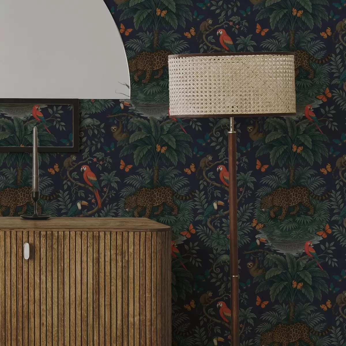 Carta da parati Giungla tropicale con leopardi, leopardi, pappagalli e farfalle a00388