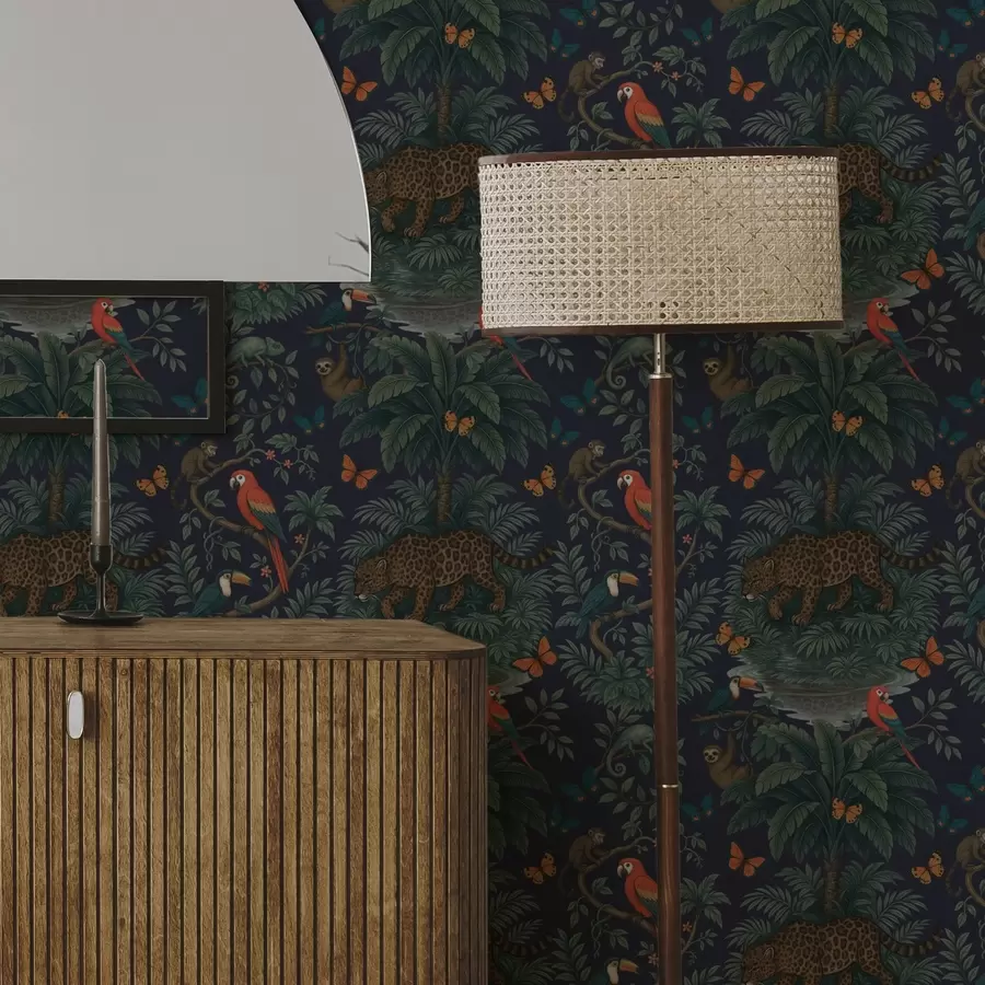 carta da parati Giungla tropicale con leopardi, leopardi, pappagalli e farfalle nr. a00388