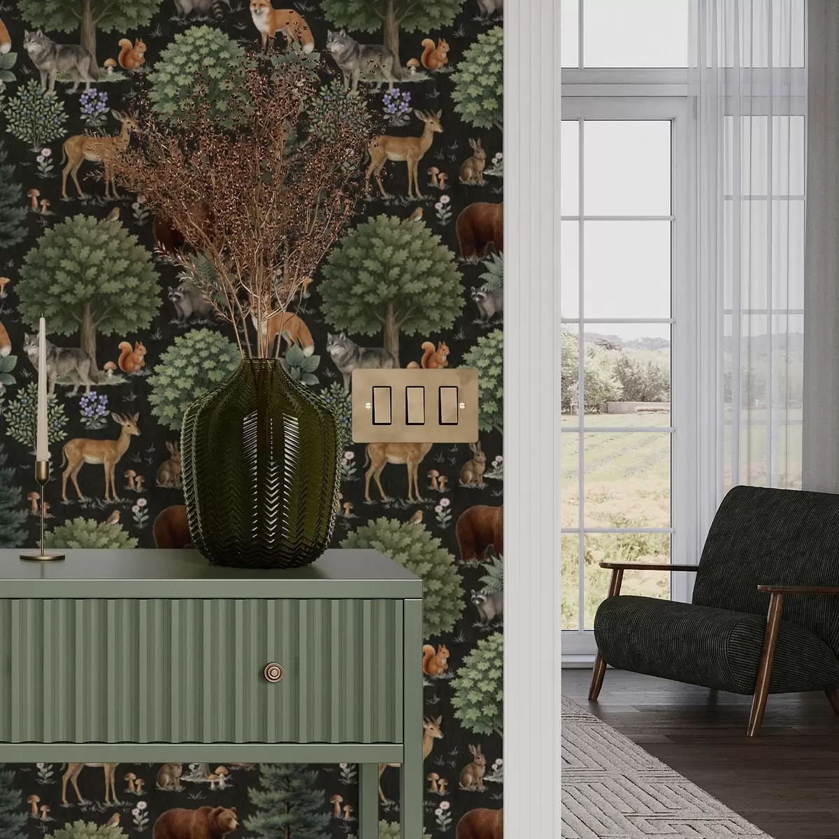 Carta da parati Animali della foresta acquerellati con alberi e funghi a00391