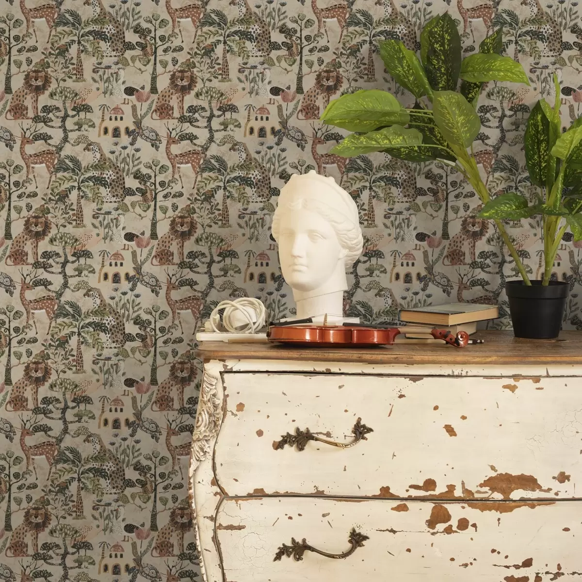 Carta da parati Animali da safari e foglie della savana nei caldi toni della terra a00392