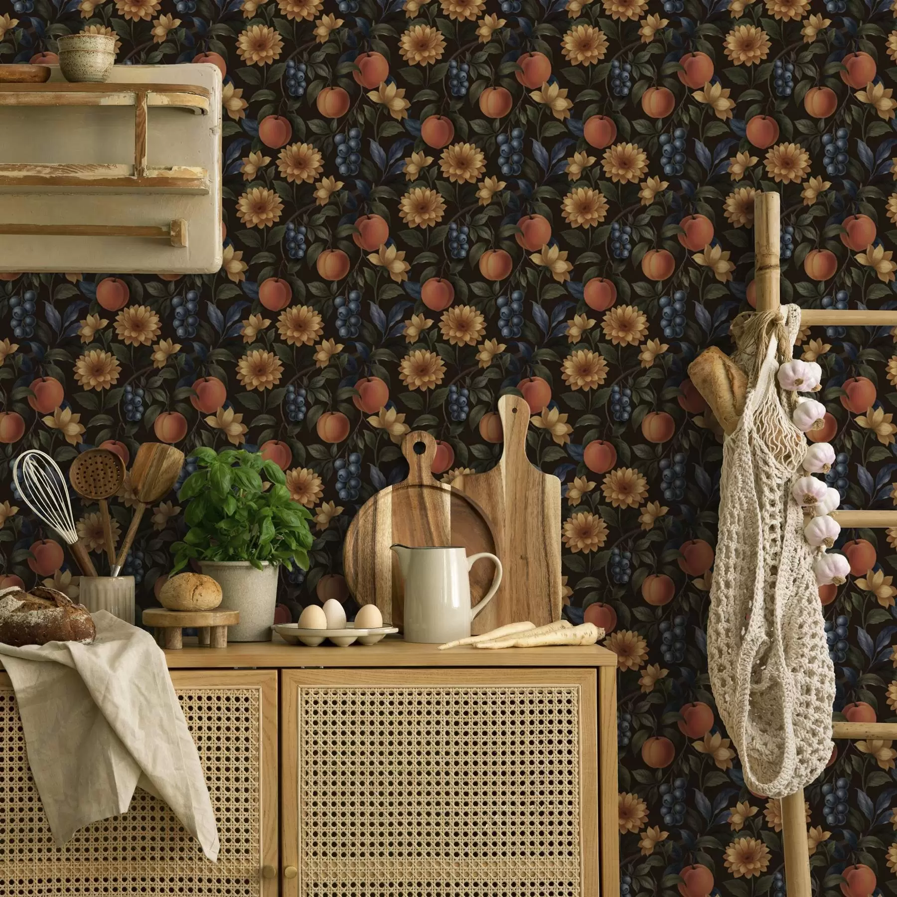 carta da parati Frutti e fiori gialli su sfondo botanico scuro nr. a00395