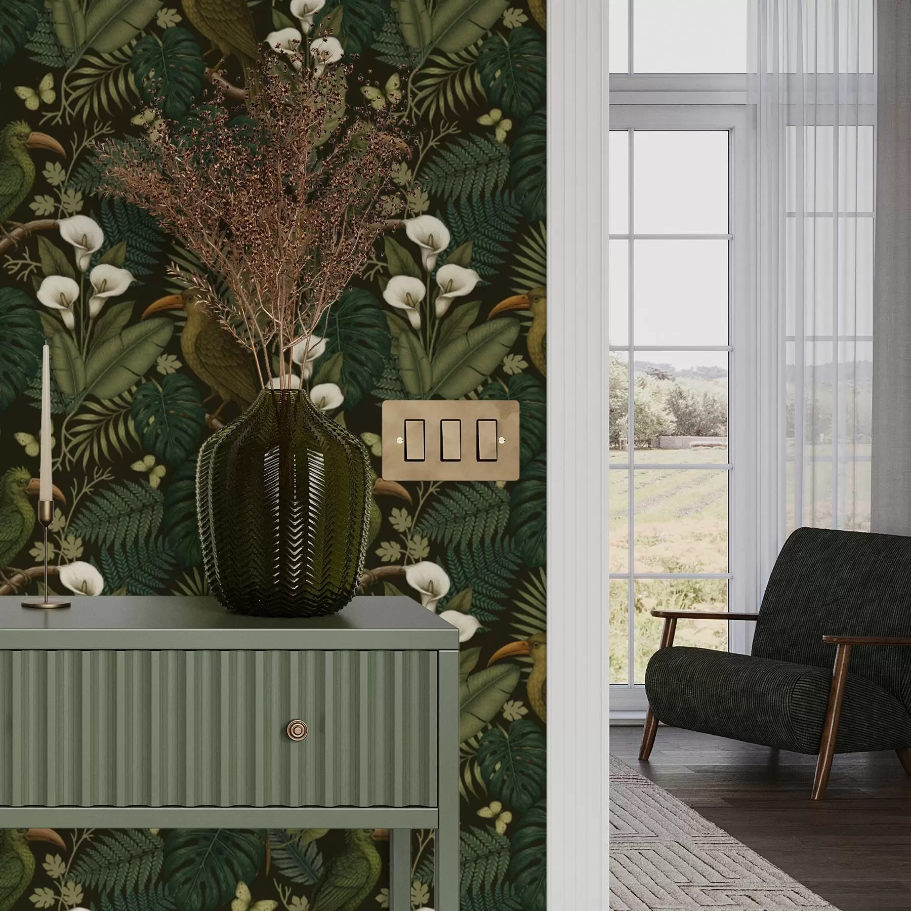 carta da parati Uccelli tropicali e vegetazione lussureggiante su sfondo scuro della giungla nr. a00397