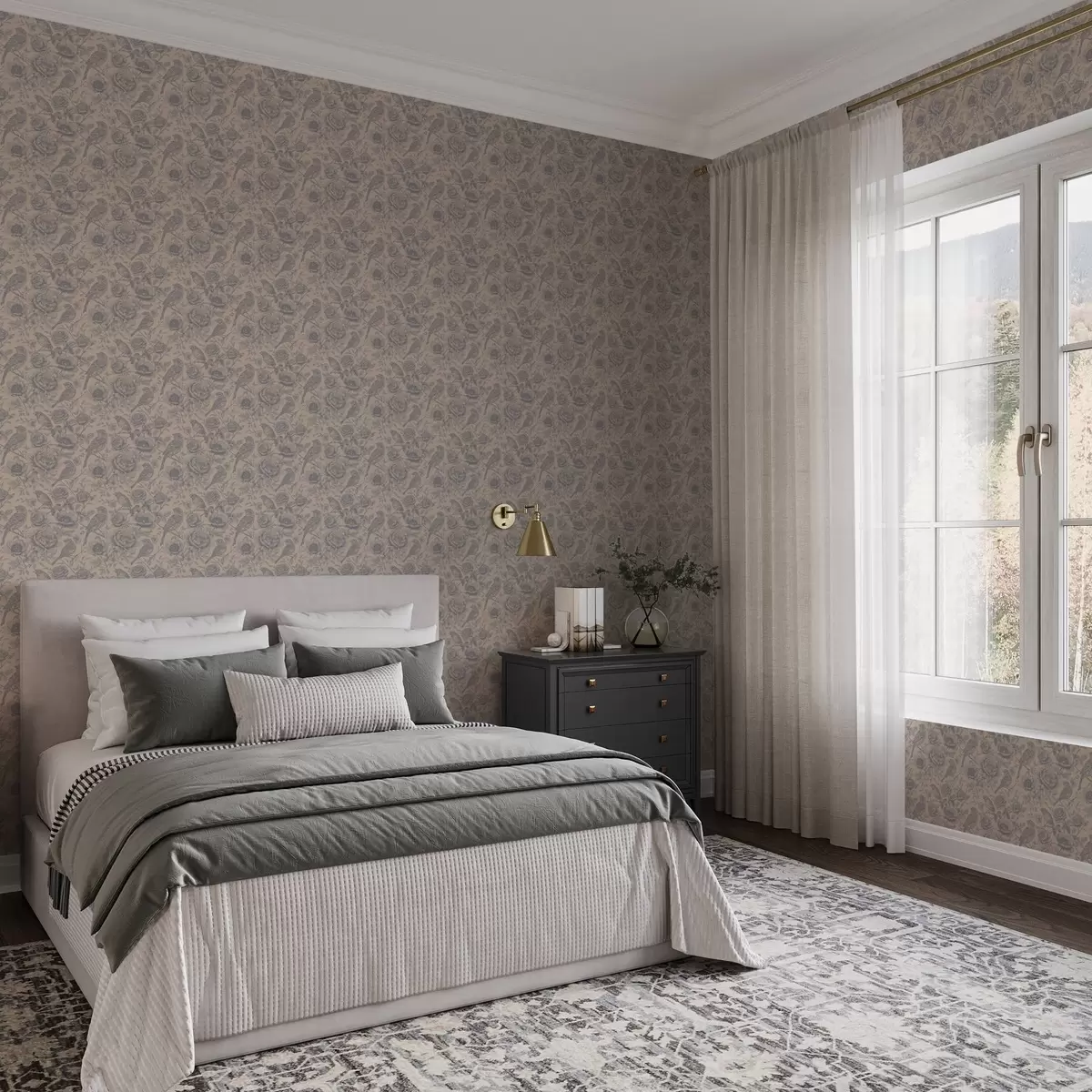 Carta da parati Uccelli e fiori vintage su un morbido sfondo beige a00423