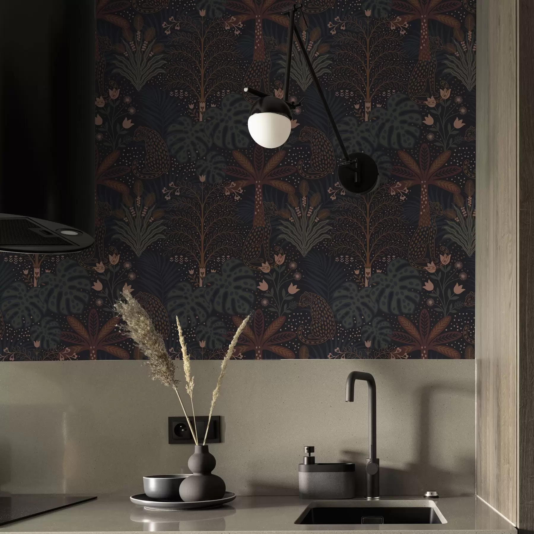 carta da parati Giungla oscura con leopardi palme e fiori nr. a00424