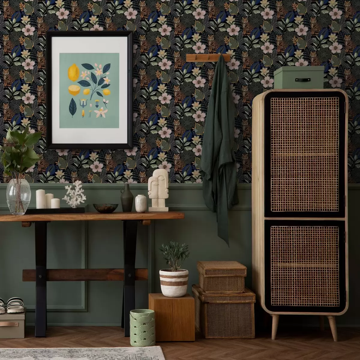 Carta da parati Tigri tra fiori e foglie tropicali a00426