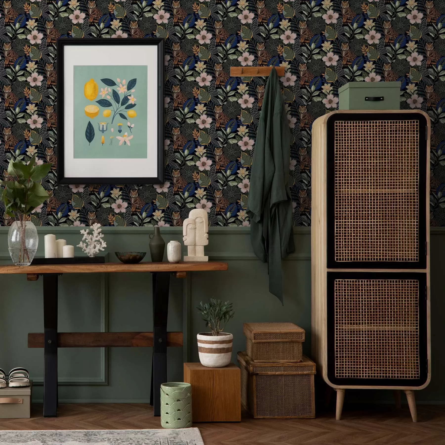 carta da parati Tigri tra fiori e foglie tropicali nr. a00426