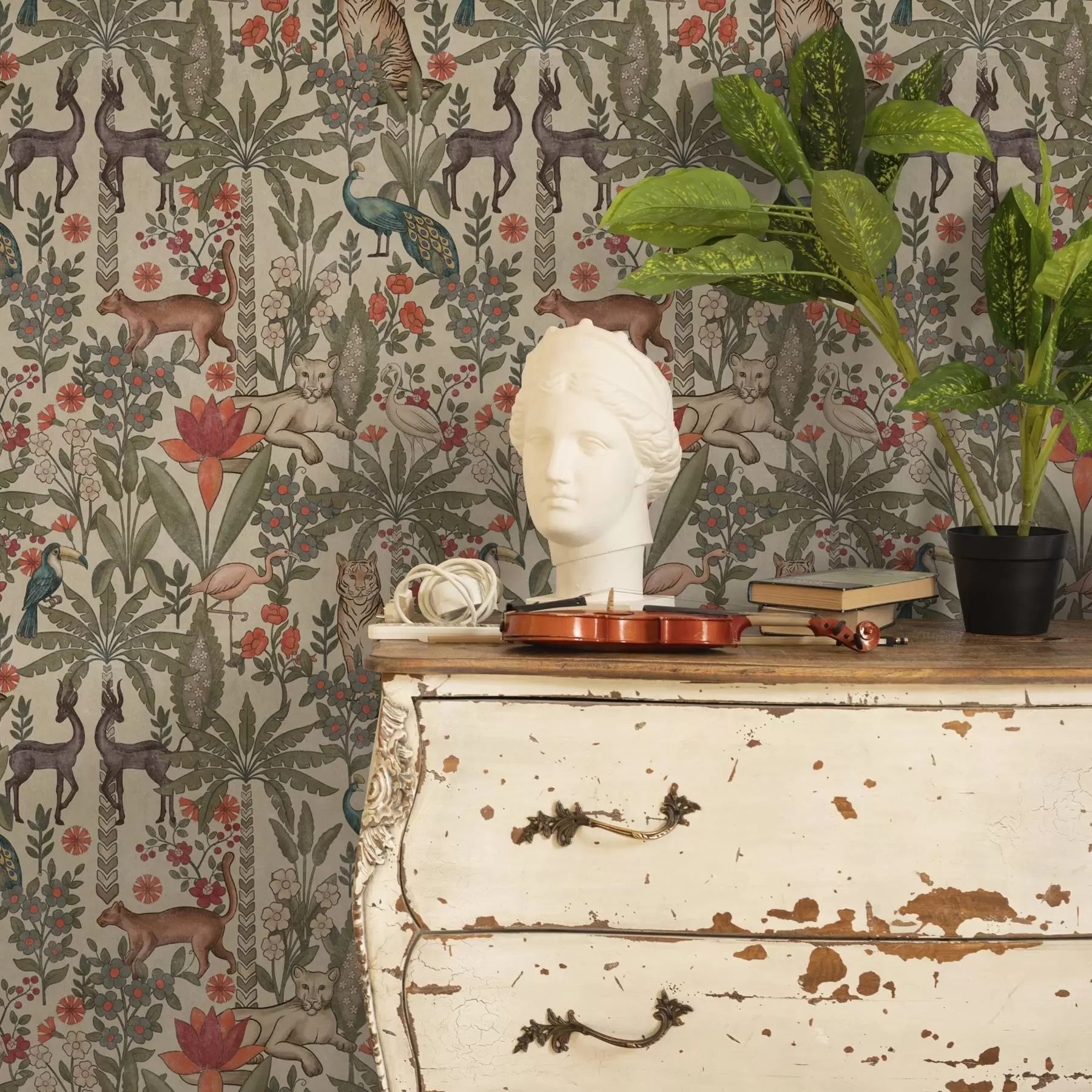 carta da parati Stile retrò: Animali e fiori su sfondo vintage nr. a00431