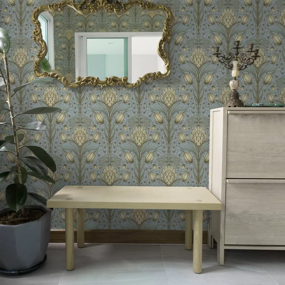 Carta da parati Motivo blu con carciofi e tulipani a00435