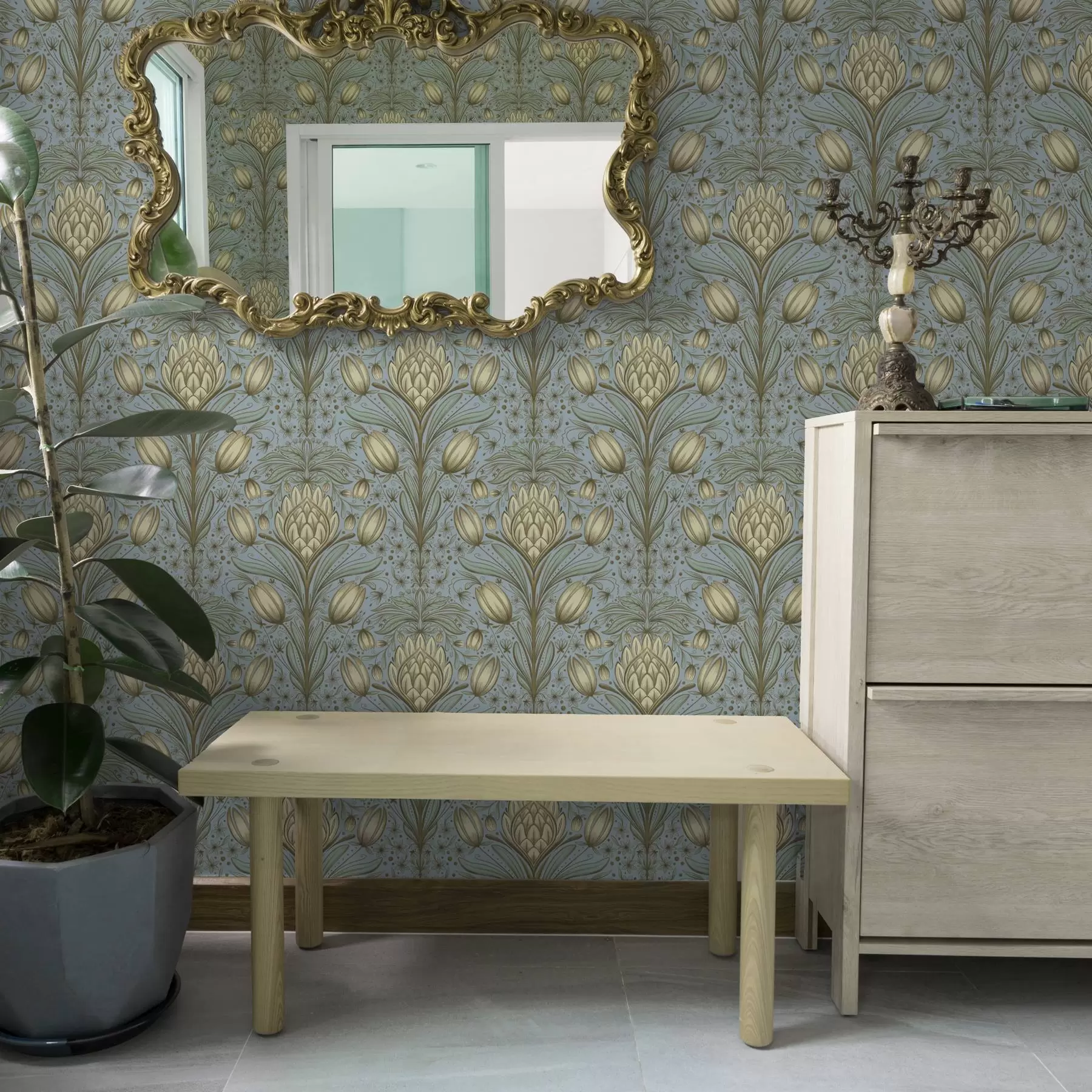 carta da parati Motivo blu con carciofi e tulipani nr. a00435