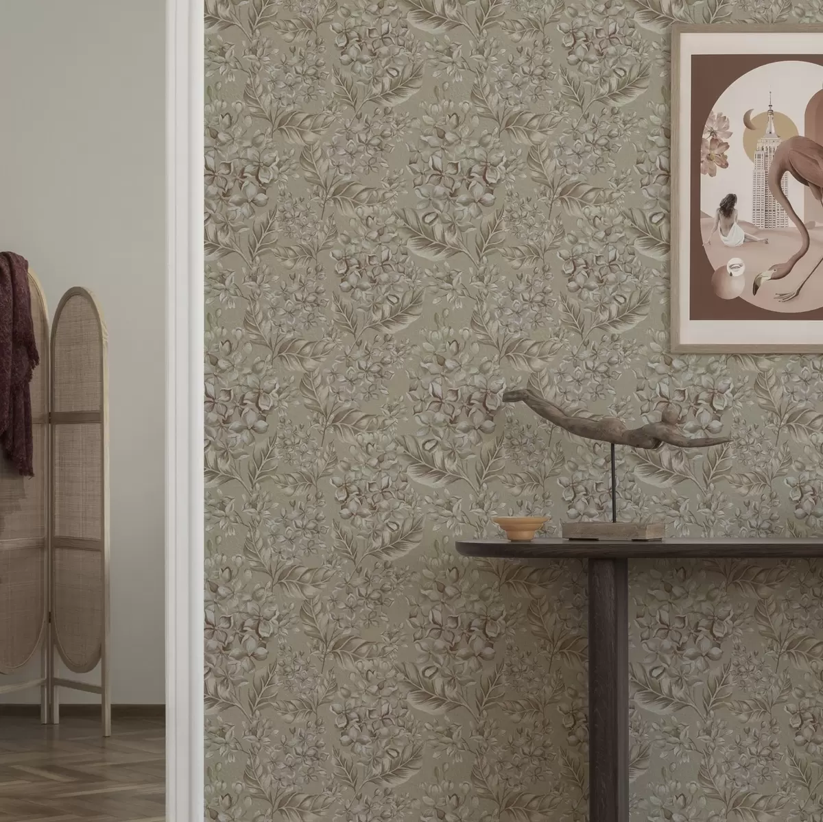 Carta da parati Rami beige con fiori bianchi in tonalità calde a00441