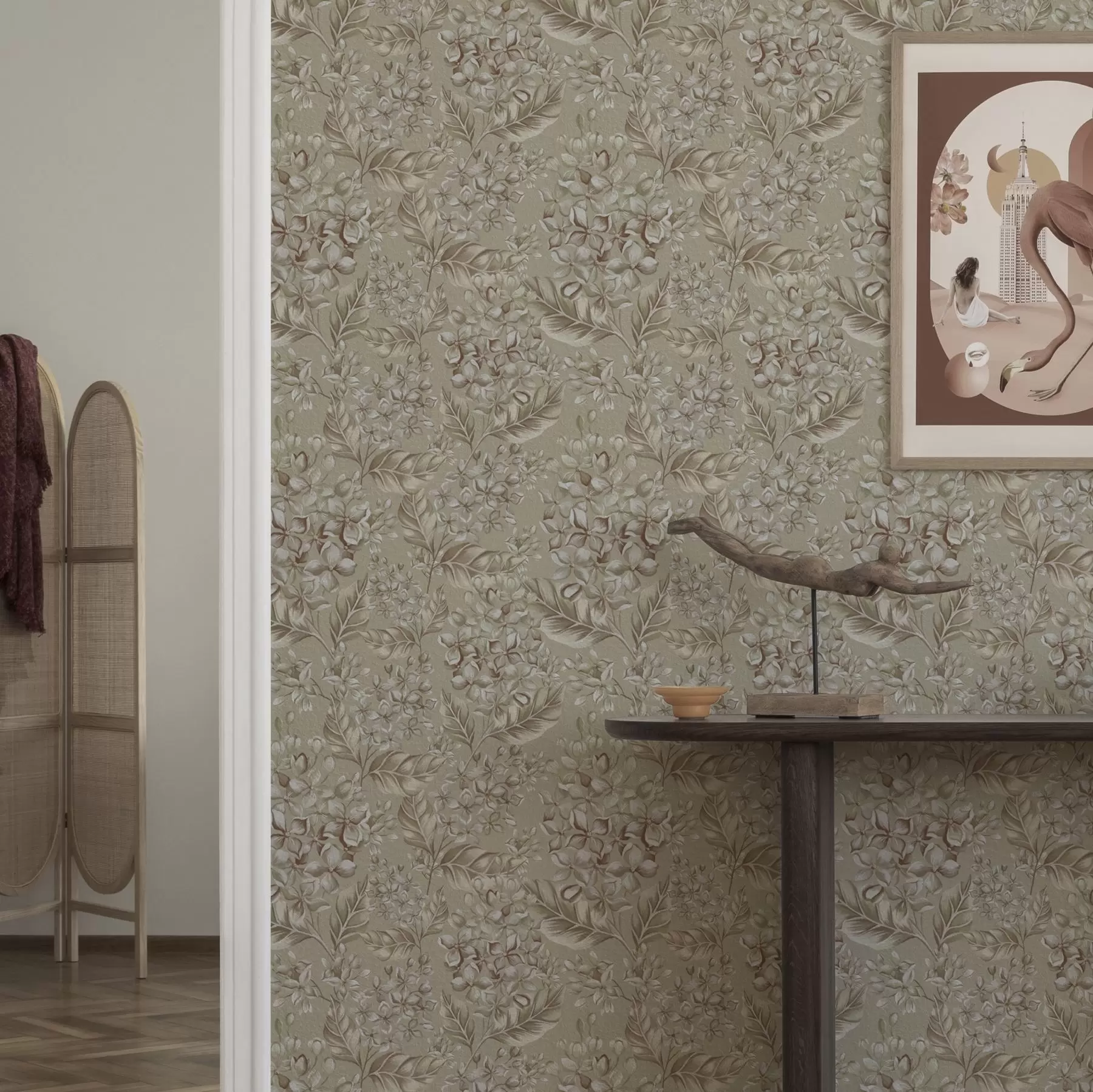 carta da parati Rami beige con fiori bianchi in tonalità calde nr. a00441