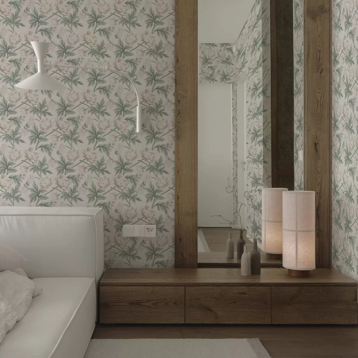 Carta da parati Peonie lussureggianti in beige chiaro e verde beige e verde a00445