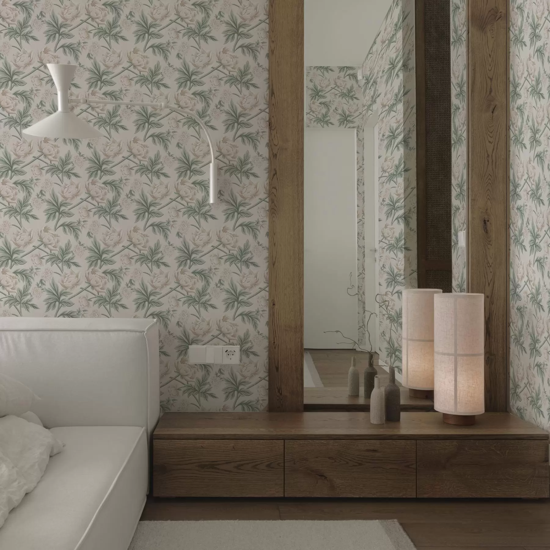 carta da parati Peonie lussureggianti in beige chiaro e verde beige e verde nr. a00445