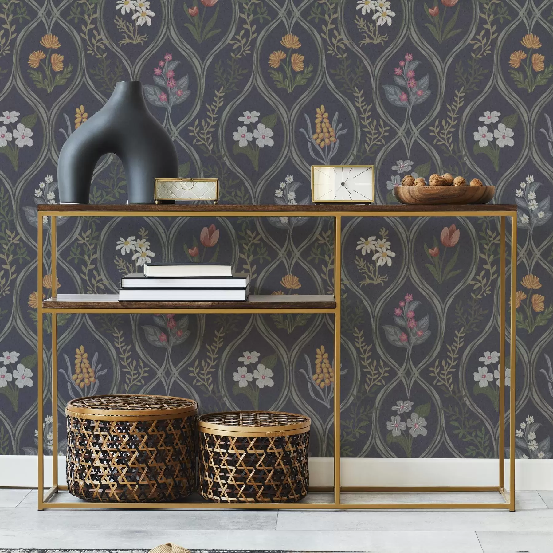 carta da parati Cornice vintage scura con fiori da giardino colorati nr. a00454