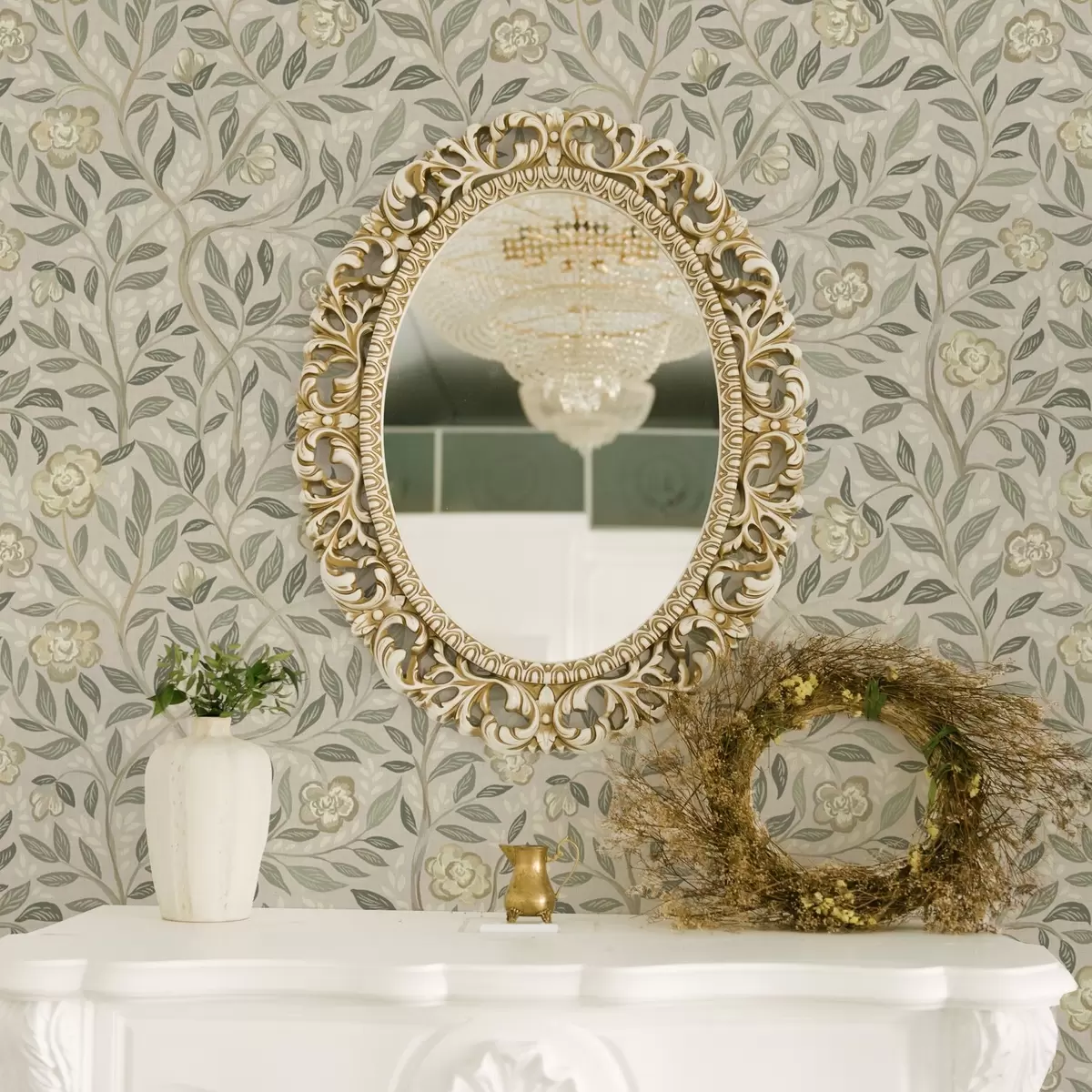 Carta da parati Rose color crema e foglie di ulivo su sfondo rosa polveroso a00455